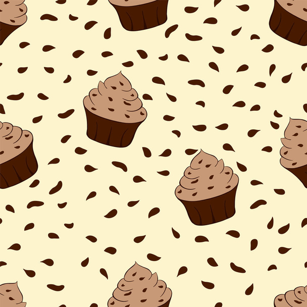 Tasty chocolate cupcakes isolated on yellow backgroud. Sweet dessert seamless pattern. Vector illustration - Vektor, Bild