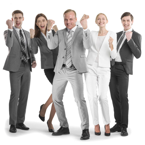Successful excited business people group team standing together and holding fist ok yes gesture isolated over white background - Photo, Image