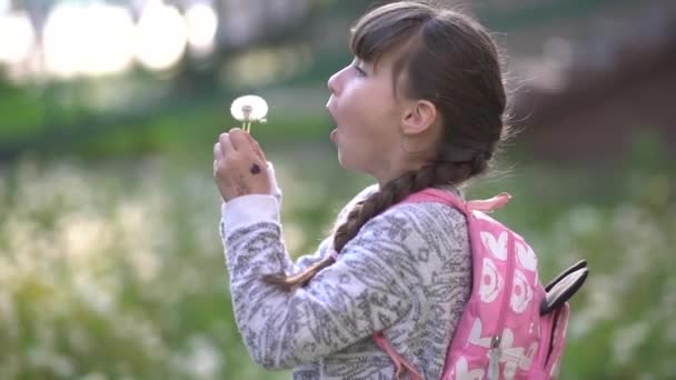 My summer dream.Little school girl plays with dandelions on green field.Slow motion. - Footage, Video