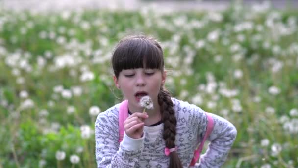 Mijn zomerdroom.Kleine schoolmeisje speelt met paardebloemen op groen veld.Slow motion. - Video