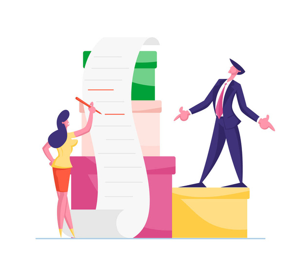 Business Man and Woman Characters with Huge Heap of Paper Documents. Business People Office Employees Work in Very Busy Day. Accounting Bureaucracy, Managers Deadline. Cartoon Vector Illustration - Vector, Image