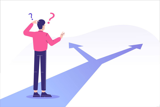 Confused man standing at crossroads. Difficult choice between two options. Decide dilemma. Solve problem. Alternatives or opportunities. Making decision concept. Choose pathway. Vector illustration - Vector, Image