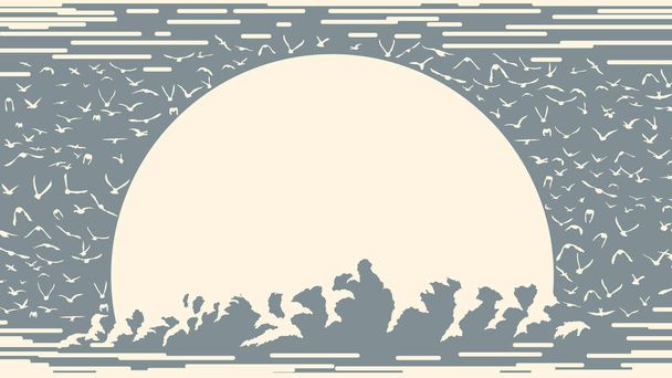 Einfarbige Karte mit der untergehenden Sonne hinter Wolken und einem Vogelschwarm (Platz für Text)). - Vektor, Bild