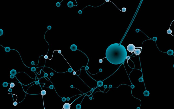 Neural network. Social network. Futuristic dna, deoxyribonucleic acid. Abstract molecule, cell illustration, mycelium. Dark background. 3D illustration - Photo, Image