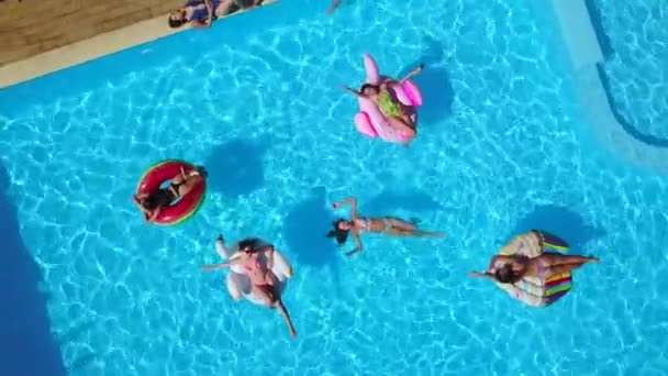 Aerial. Friends chilling in swimming pool with inflatable flamingo, swan, mattress. Happy young people bathe on floating mattresses in luxury resort. View from above. Girls in bikini sunbathing in sun - Metraje, vídeo