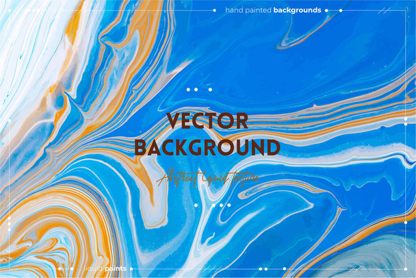 Fluid art texture. Abstract backdrop with iridescent paint effect. Liquid acrylic picture with artistic mixed paints. Can be used for baner or wallpaper. Blue, orange and navy blue overflowing colors. - Vektor, kép
