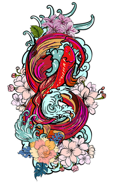 手描きのタトゥーアートのデザインのための牡丹やデイジーの花と日本の波でカラフルなサイモンの戦い魚やベッタ魚の水泳幾何学的かつ円形の装飾フレーム - ベクター画像
