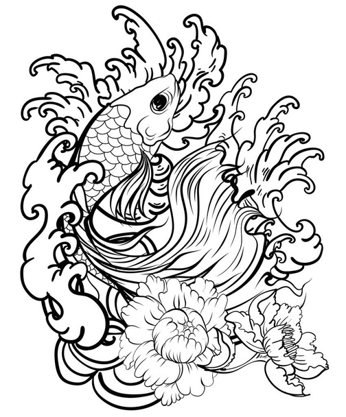 Colorful Siamese fighting fish or betta fish swimming in Japanese wave with peony and daisy flowers for hand drawn tattoo art design in  geometric and circular ornament frame - Vector, Image