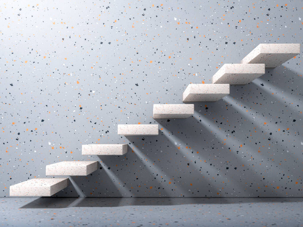 White stone stairs on gray terazzo wall in modern interior. Business growth, progress and achievement creative concept. Minimalist 3d illustration - Photo, Image