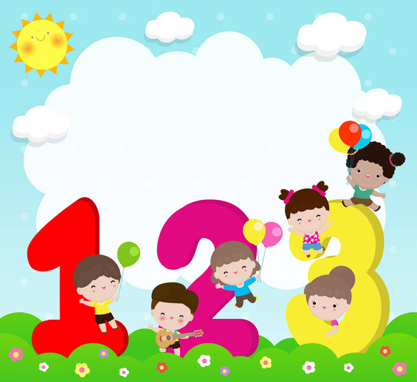 Rajzfilm gyerekek 123 számok, gyerekek számokkal, háttér vektor illusztráció - Vektor, kép