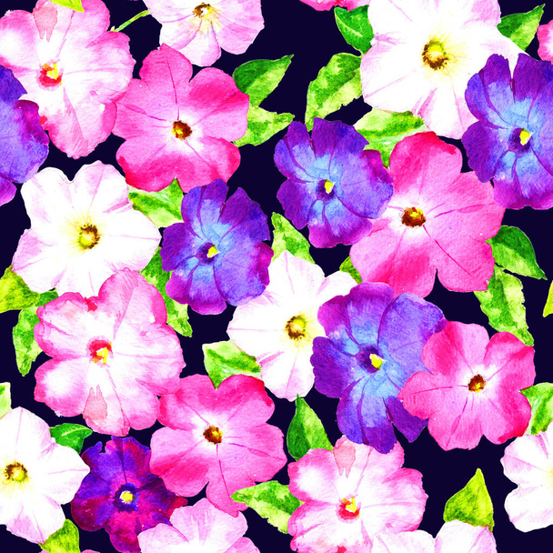 Pink and lilac flowers, watercolor raster seamless pattern - Fotó, kép