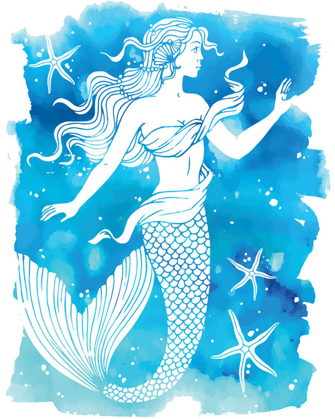 Beatiful mermaid outline vector hand drawn illustration on watercolor background - Vektör, Görsel