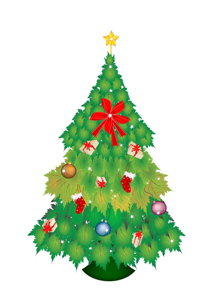 Weihnachtsbaum aus grünen Ahornblättern mit Weihnachtsschmuck - Vektor, Bild