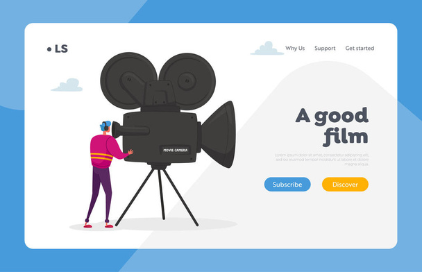 Cinema and Cinematography Industry with Moviemaker and Videocamera Landing Page Template. Cameraman Character Look in Movie Camera Taking Video. Operator Shooting Scene. Cartoon Vector Illustration - Вектор, зображення