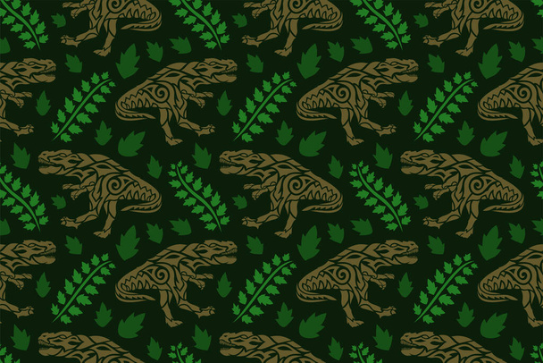 Hermoso patrón inconsútil prehistórico con siluetas de tiranosaurio tribal marrón y hojas verdes sobre el fondo oscuro
 - Vector, imagen