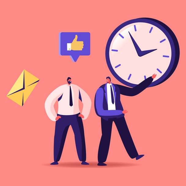 Time Management, Sales Funnel, Procrastination in Business. Businessman Character Point on Huge Clock to Colleague. Working Productivity Planning and Scheduling, Cartoon People Vector Illustration - Vector, Image