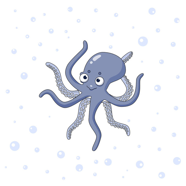 A cheerful good octopus surrounded by bubbles. Friendly little octopus. - Vector, Imagen