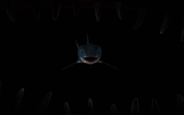 Inside mouth of shark look through teeth and see full body shark in front of under ocean with 3d rendering. - Photo, Image