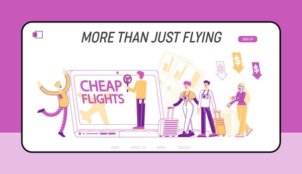 Cheap Flight and Saving Vacation Budget Landing Page Template. Characters Buying Airplane Tickets Online Save Money for Holidays and Traveling. Tiny People with Luggage. Linear Vector Illustration - Διάνυσμα, εικόνα
