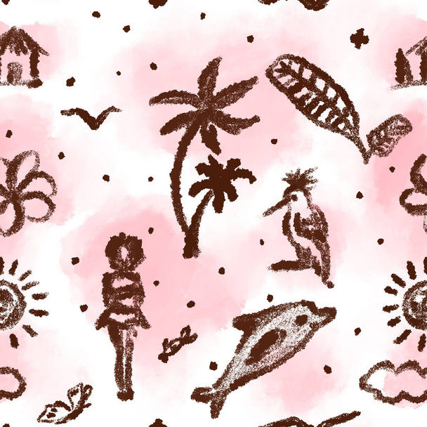 Hand drawn seamless pattern for tropical lifestyle design. Hut, sun, palm tree, banana leaf, exotic fauna and girl. - Фото, изображение