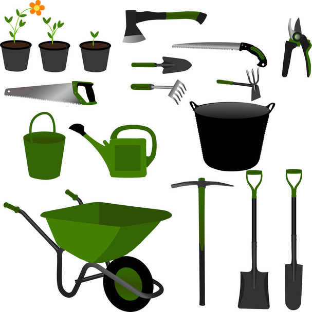 Gardening tools set collection with green color theme and objects - Vector, Image