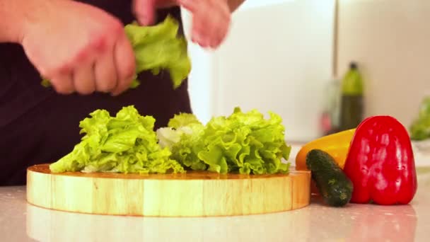 Mann reißt Salat in Küche - Filmmaterial, Video