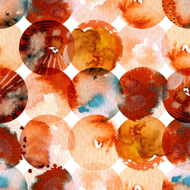 Vesiväri saumaton kuvio abstrakti pyöreä täplät, möykyt, tahrat. Ruskea, terrakotta ja sinappivärit
. - Valokuva, kuva