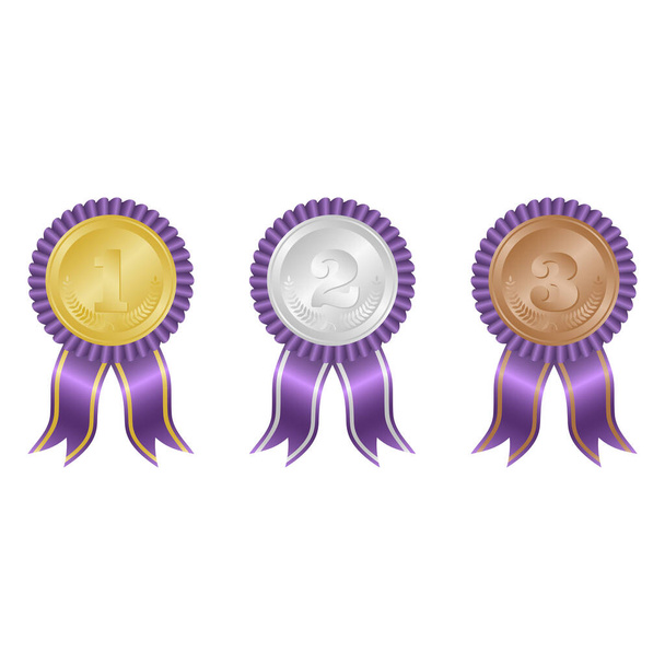 Золотая, серебряная и бронзовая медали векторного дизайна изолированы на белом фоне. 1-е, 2-е и 3-е место
. - Вектор,изображение