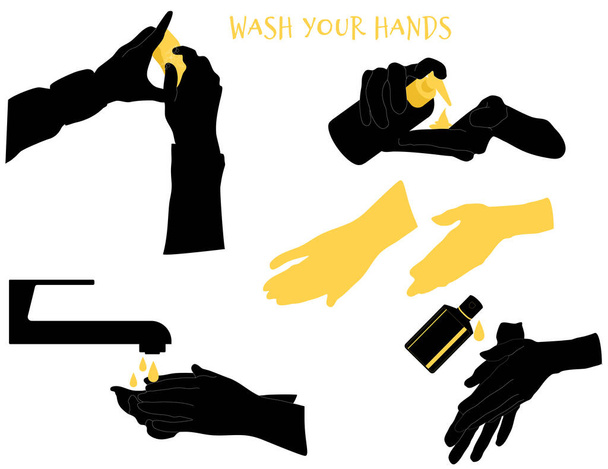 Lavarse las manos con ilustración de bosquejo de jabón. Signo vectorial. Use antiséptico, desinfectante y guantes. Pares de palmas amarillas y negras. Prevención del Coronavirus. Covid-19 a salvo - Vector, Imagen