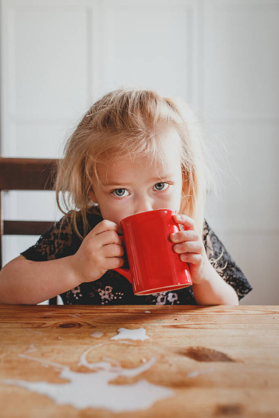 a cute little girl drinks milk from a red mug at home and her hu - Fotoğraf, Görsel