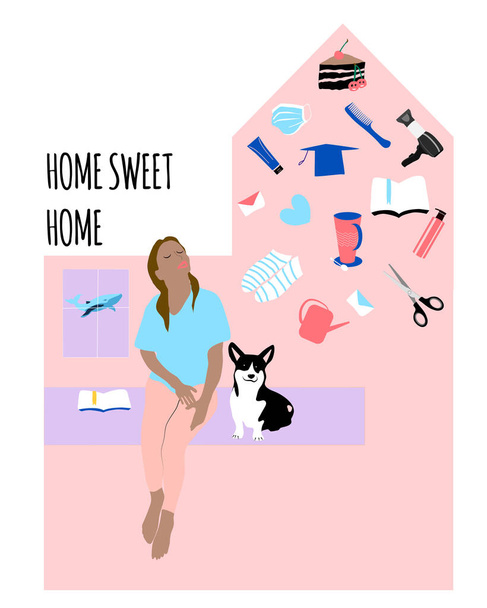 Woman and dog corgi stay home and dreaming. Stay safe and make housekeeping. Domesticity and girl`s deals. Home, don`t panic hand drawn illustration.Cute icons cup, daily planner - Διάνυσμα, εικόνα