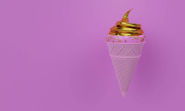 Kužel růžové zmrzliny. Křupavé vafle a růžová zmrzlina. Zlatá náplň zmrzliny pokrytá zlatými cukrovými puntíky. Zmrzlina na růžovém pozadí. 3D vykreslování - Fotografie, Obrázek