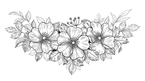 Hand drawn dog-rose bunch with flowers and leaves isolated on white. Vector line art monochrome elegant floral composition in vintage style, tattoo design, coloring page, wedding decoration. - Vector, afbeelding