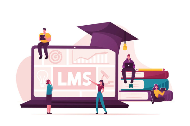 Lms, Learning Management System Concept Tiny Male and Female Characters around of Huge Laptop with Graphs and Graduation Cap, Piles of Textbooks, Studying Cartoon Vector People Illustration - Вектор, зображення