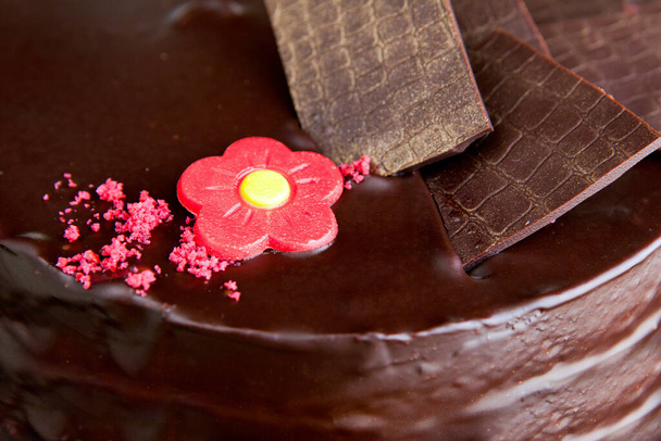 Τούρτα σοκολάτας με σοκολατένια στολίδια και κόκκινο αμυγδαλωτό τριαντάφυλλο. διακόσμηση κέικ σοκολάτας martzipan - Φωτογραφία, εικόνα
