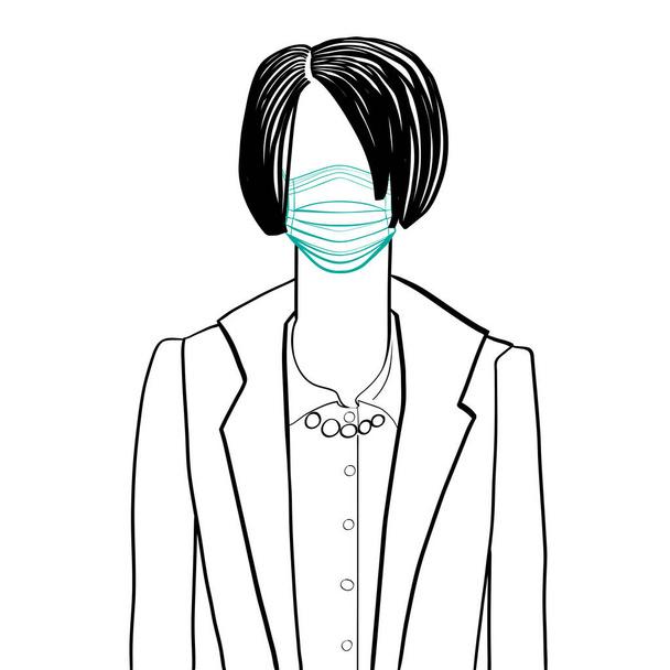 Ζωγραφισμένη στο χέρι καλλιτεχνική απεικόνιση ενός ανώνυμου άβαταρ μιας νεαρής επιχειρηματία ή δασκάλας με bob χτένισμα σε ένα σακάκι και πουκάμισο, φορώντας μια ιατρική μάσκα, web προφίλ doodle απομονώνονται σε λευκό - Φωτογραφία, εικόνα