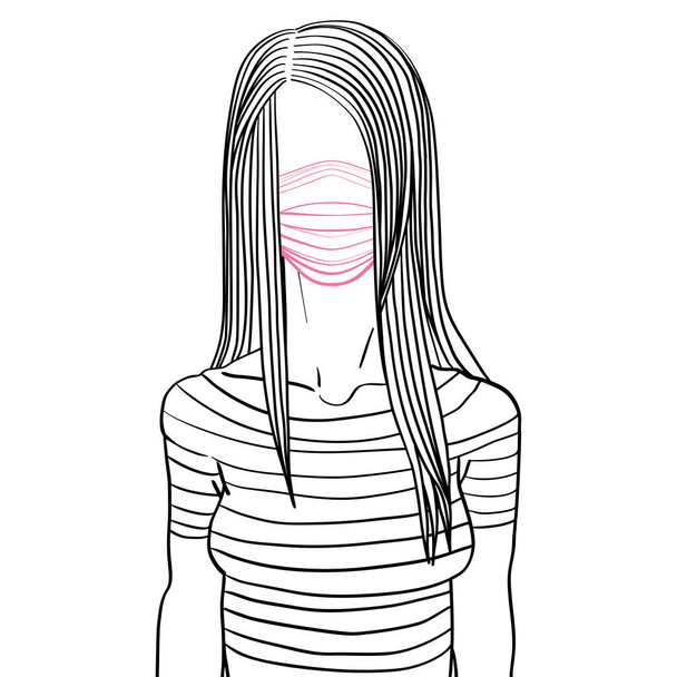 Hand drawn artistic illustration of an anonymous avatar of a young woman with long hair in a casual t-shirt with stripes, wearing a medical mask, web profile doodle isolated on white - Photo, Image