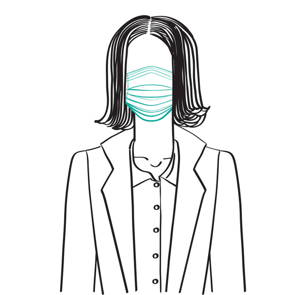 Χειροποίητο σκίτσο ενός ανώνυμου άβαταρ μιας νεαρής γυναίκας με κοστούμι γραφείου, που φορούσε ιατρική μάσκα, προφίλ ιστού που απομονώθηκε σε λευκό χρώμα. - Φωτογραφία, εικόνα