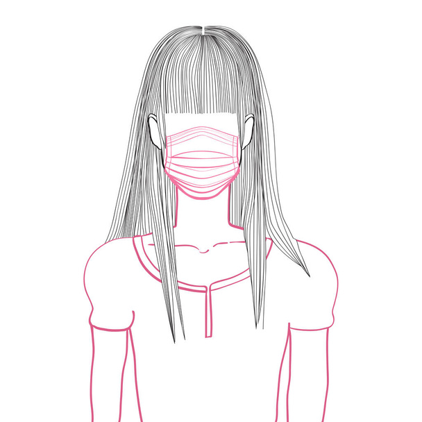 Hand drawn artistic illustration of an anonymous avatar of a young woman with long hair and long bang in a casual blouse, wearing a medical mask, web profile doodle isolated on white - Photo, Image