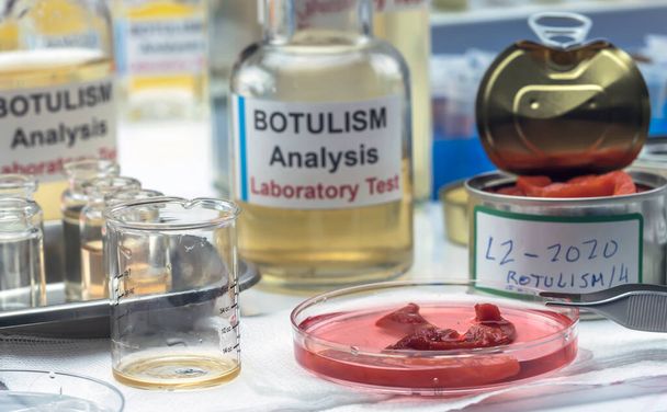 Tapasztalt laboratóriumi tudós elemzi piros paprika konzerv élelmiszer lehet elemezni botulizmus fertőzés betegek, fogalmi kép - Fotó, kép