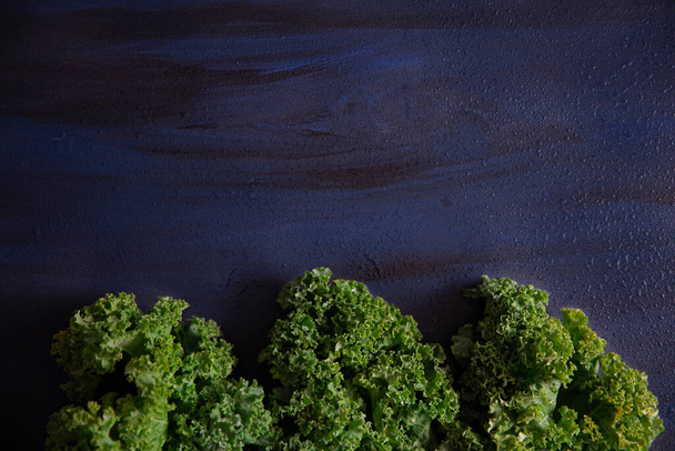 Kale bladeren op een nat blauw oppervlak. - Foto, afbeelding