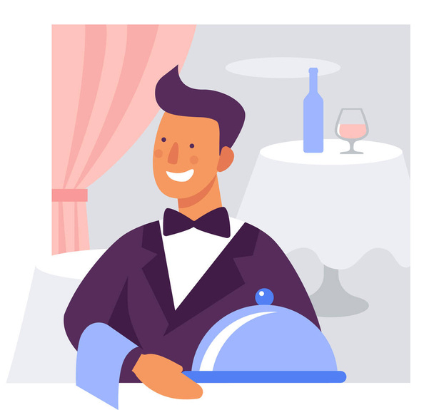 Waiter with a dish in a restaurant or cafe. Flat vector illustration - Vector, Image