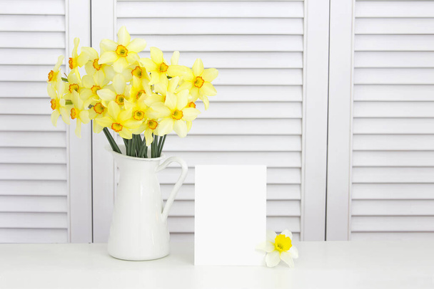 Κλείσιμο του κίτρινου λουλουδιού ασφόδελου στο βάζο πάνω από το φόντο του λευκού παντζαριού - Φωτογραφία, εικόνα