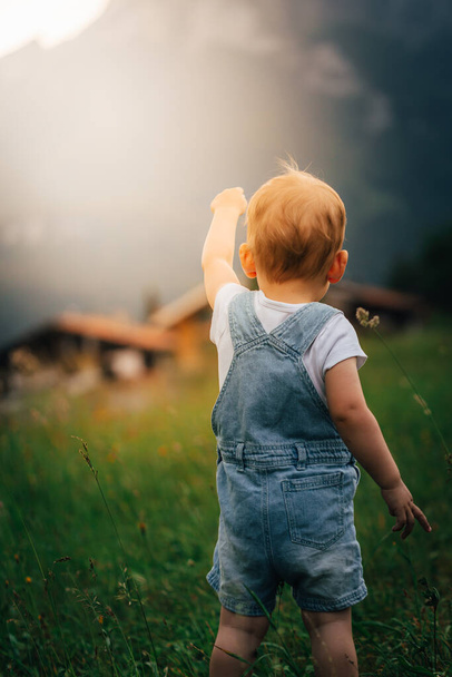 niño pequeño en dungarees parado en un prado que señala algo en las montañas en unterwoessen Alemania
 - Foto, Imagen