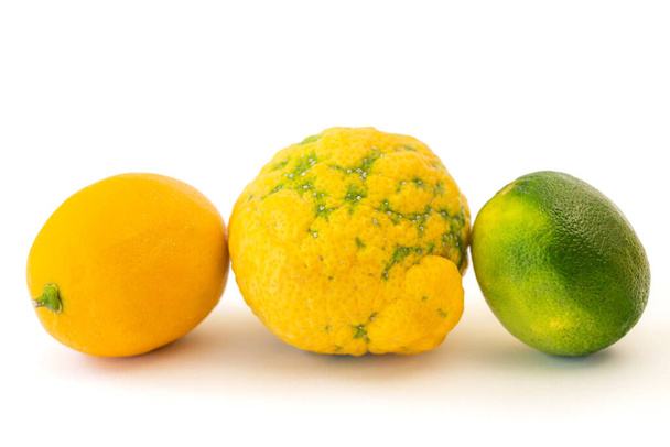 Cytryna, limonka, cytryna z bliska. Świeże dojrzałe owoce organiczne wyizolowane na białym tle - Zdjęcie, obraz