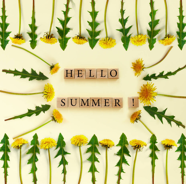 Flowers composition. Pattern made of yellow dandelions with leaves on beige paper  background. Conceptual text: "Hello summer"  for design. Flat lay, top view, copy space concept. - Foto, immagini