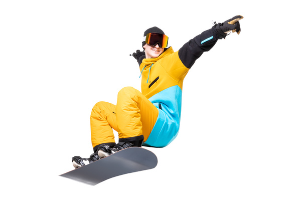 Portrait young man snowboarder jump move on snowboard isolated white background - Фото, зображення