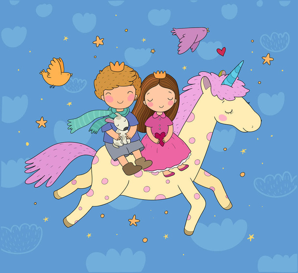 Prince and princess are flying on a unicorn. Cute cartoon kids and fairy pony. - Vektori, kuva