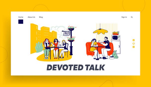 Friends Meeting Landing Page Template. Bored Women Listen Annoying Friend in Outdoors Cafe. Girl Boring of Talking Man. Characters Uninvolved in Conversation. Linear Vector People Vector Illustration - Vector, Image