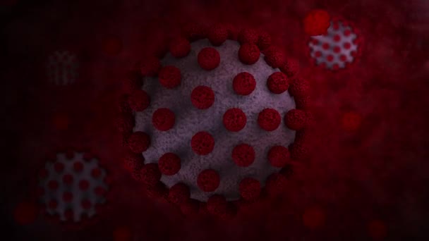 3D animatie van een medische, rode bacteriologische achtergrond. Coronavirussen in de ruimte. Het idee van een wereldwijde bedreiging, de mensheid in gevaar. 4K animatie met de mogelijkheid van continue weergave. - Video